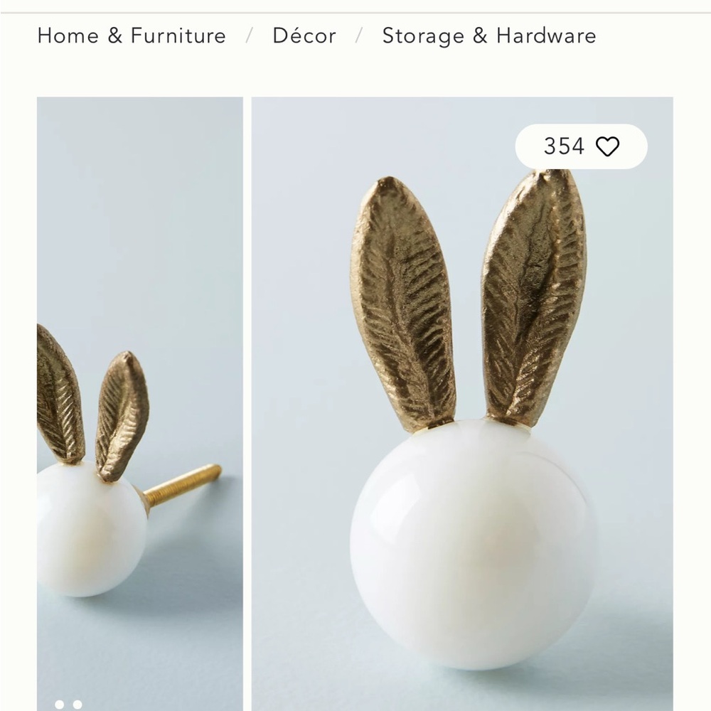 Anthropologie White Ceramic Knob with Gold Bunny Ears